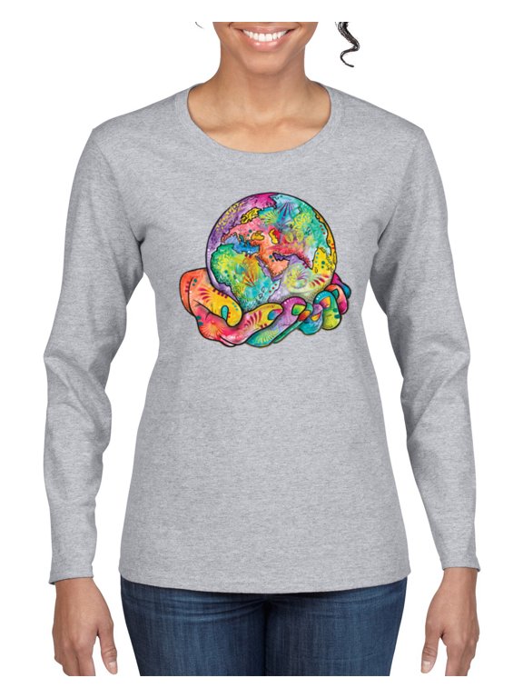 Rainbow Painted I've Got The Whole World Dean Russo Design Inspirational/Christian Women Graphic Long Sleeve Tee, Heather Grey, Large