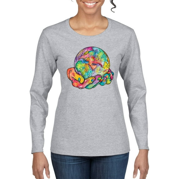Wild Bobby Rainbow Painted I've Got The Whole World Dean Russo Design Inspirational/Christian Women Graphic Long Sleeve Tee, Heather Grey, Small