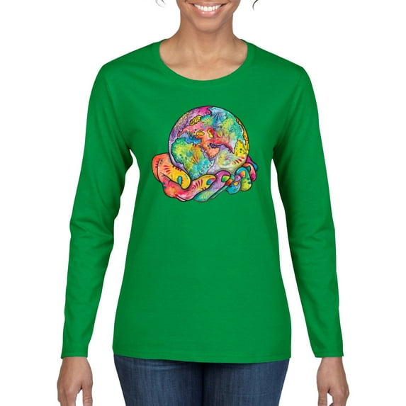 Wild Bobby Rainbow Painted I've Got The Whole World Dean Russo Design Inspirational/Christian Women Graphic Long Sleeve Tee, Kelly, Large