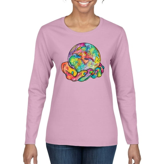 Wild Bobby Rainbow Painted I've Got The Whole World Dean Russo Design Inspirational/Christian Women Graphic Long Sleeve Tee, Light Pink, Small