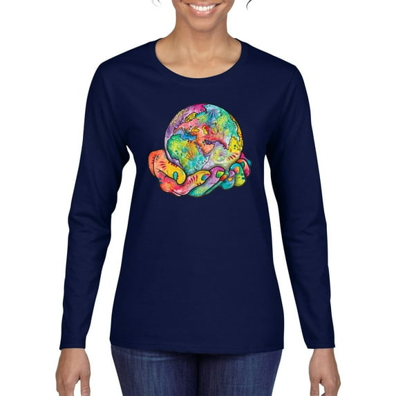 Wild Bobby Rainbow Painted I've Got The Whole World Dean Russo Design Inspirational/Christian Women Graphic Long Sleeve Tee, Navy, Small
