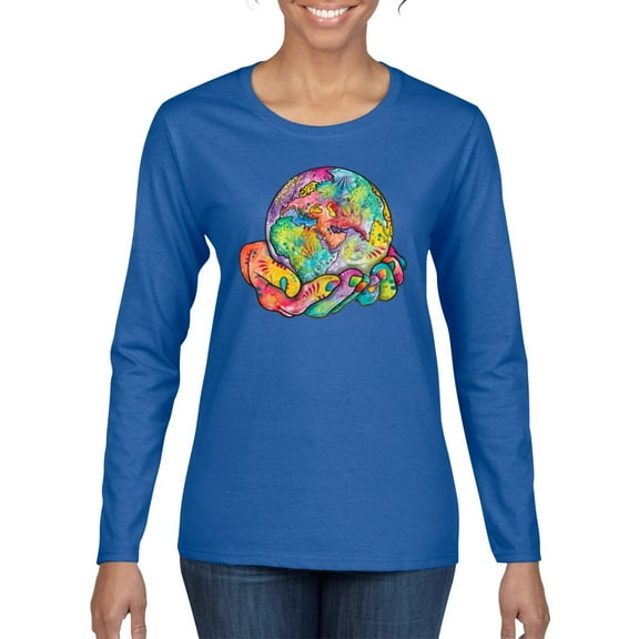 Wild Bobby Rainbow Painted I've Got The Whole World Dean Russo Design Inspirational/Christian Women Graphic Long Sleeve Tee, Royal, X-Large