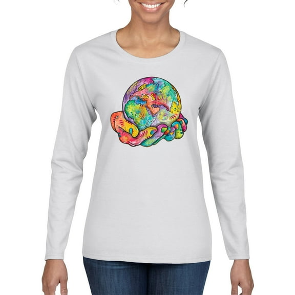 Wild Bobby Rainbow Painted I've Got The Whole World Dean Russo Design Inspirational/Christian Women Graphic Long Sleeve Tee, White, Large