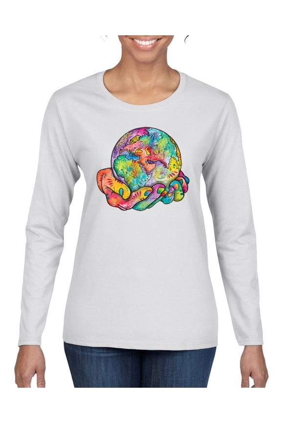 Rainbow Painted I've Got The Whole World Dean Russo Design Inspirational/Christian Women Graphic Long Sleeve Tee, White, Small
