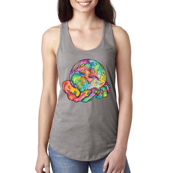 Wild Bobby Rainbow Painted I've Got The Whole World Dean Russo Design Inspirational/Christian Women Racerback Tank Top, Heather Grey, Medium