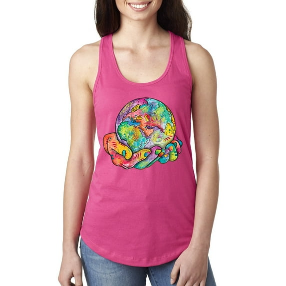 Wild Bobby Rainbow Painted I've Got The Whole World Dean Russo Design Inspirational/Christian Women Racerback Tank Top, Raspberry, Medium