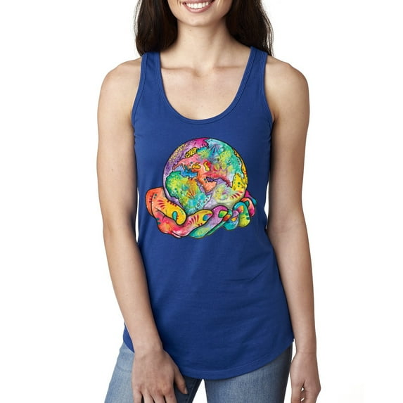Wild Bobby Rainbow Painted I've Got The Whole World Dean Russo Design Inspirational/Christian Women Racerback Tank Top, Royal, Small
