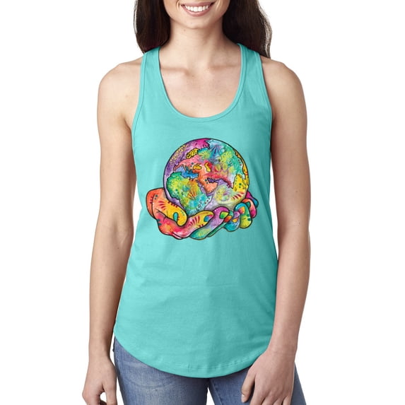 Wild Bobby Rainbow Painted I've Got The Whole World Dean Russo Design Inspirational/Christian Women Racerback Tank Top, Tahiti Blue, Small