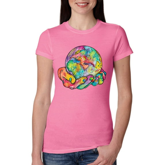 Wild Bobby Rainbow Painted I've Got The Whole World Dean Russo Design Inspirational/Christian Women Slim Fit Junior Tee, Hot Pink, Medium