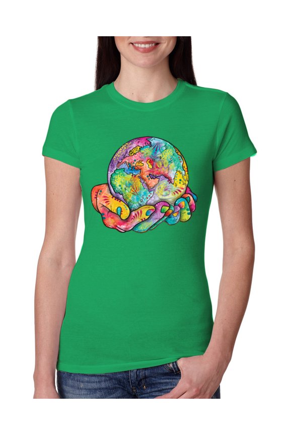 Rainbow Painted I've Got The Whole World Dean Russo Design Inspirational/Christian Women Slim Fit Junior Tee, Kelly, X-Large