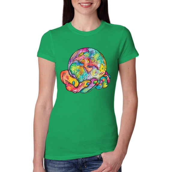 Wild Bobby Rainbow Painted I've Got The Whole World Dean Russo Design Inspirational/Christian Women Slim Fit Junior Tee, Kelly, X-Large