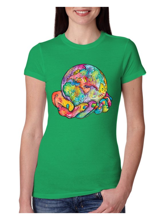 Rainbow Painted I've Got The Whole World Dean Russo Design Inspirational/Christian Women Slim Fit Junior Tee, Kelly, X-Large