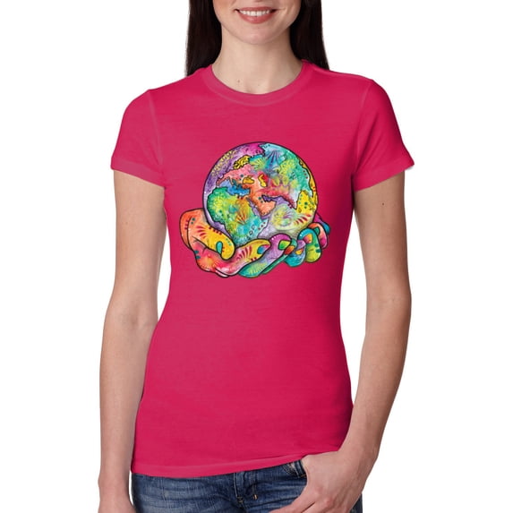 Wild Bobby Rainbow Painted I've Got The Whole World Dean Russo Design Inspirational/Christian Women Slim Fit Junior Tee, Raspberry, XX-Large