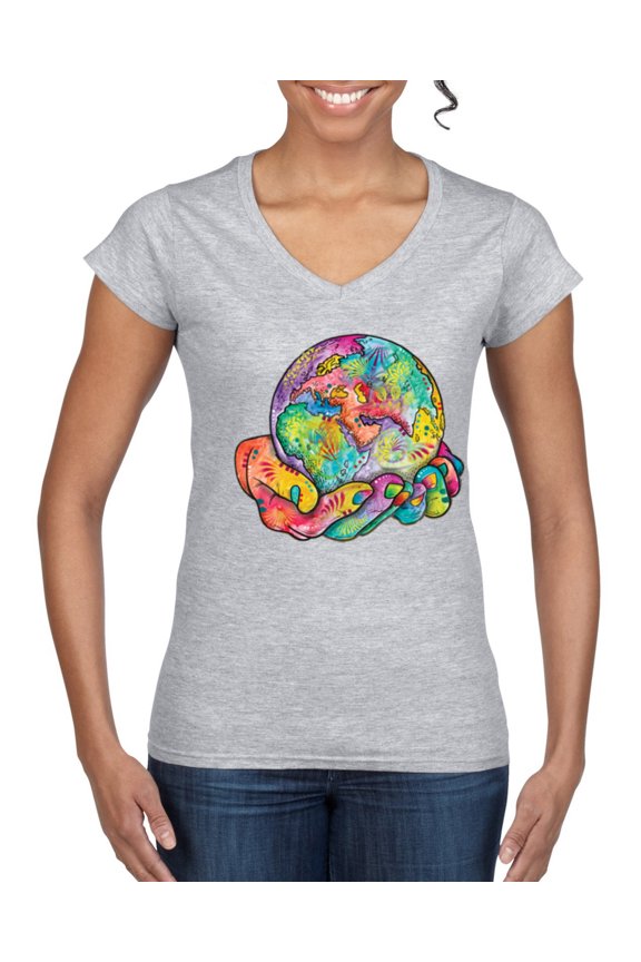 Rainbow Painted I've Got The Whole World Dean Russo Design Inspirational/Christian Women Standard V-Neck Tee, Heather Grey, Large