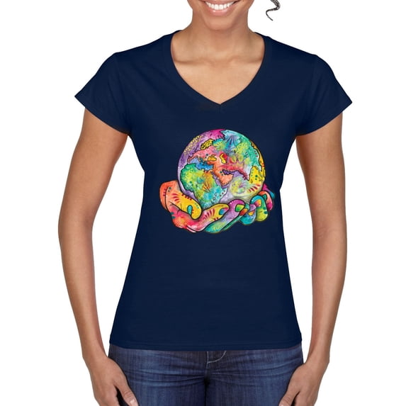 Wild Bobby Rainbow Painted I've Got The Whole World Dean Russo Design Inspirational/Christian Women Standard V-Neck Tee, Navy, Medium
