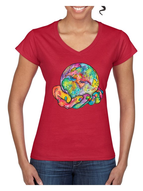 Rainbow Painted I've Got The Whole World Dean Russo Design Inspirational/Christian Women Standard V-Neck Tee, Red, Medium