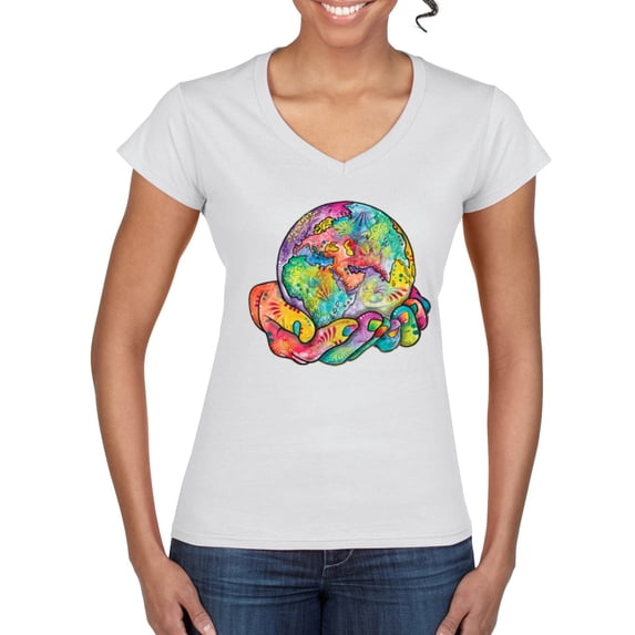 Wild Bobby Rainbow Painted I've Got The Whole World Dean Russo Design Inspirational/Christian Women Standard V-Neck Tee, White, XX-Large