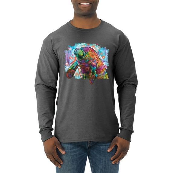 Wild Bobby Rainbow Painted Manatee Dean Russo Design Animal Lover Men Long Sleeve Shirt, Heather Black, Small