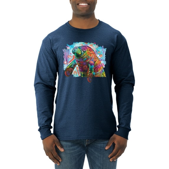 Wild Bobby Rainbow Painted Manatee Dean Russo Design Animal Lover Men Long Sleeve Shirt, Vintage Heather Navy, X-Large