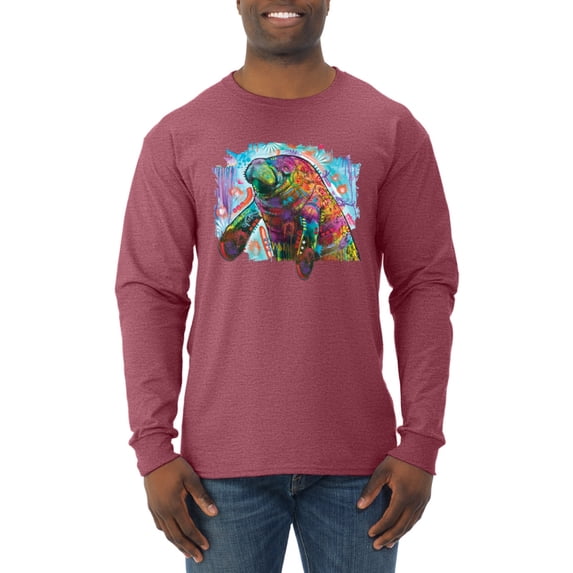 Wild Bobby Rainbow Painted Manatee Dean Russo Design Animal Lover Men Long Sleeve Shirt, Vintage Heather Red, Medium