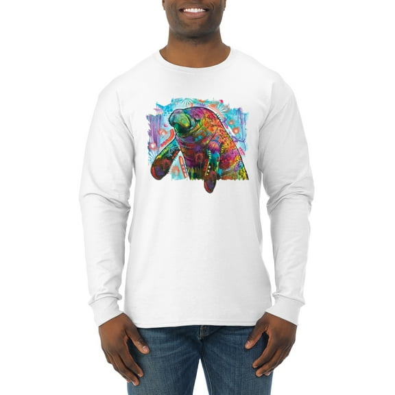 Wild Bobby Rainbow Painted Manatee Dean Russo Design Animal Lover Men Long Sleeve Shirt, White, Small