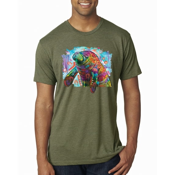 Wild Bobby Rainbow Painted Manatee Dean Russo Design Animal Lover Men Premium Tri Blend Tee, Military Green, X-Large