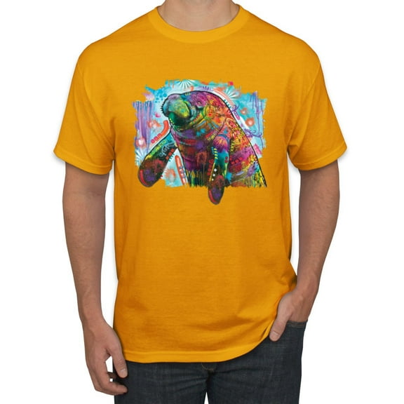 Wild Bobby Rainbow Painted Manatee Dean Russo Design Animal Lover Men Tee, Gold, Medium