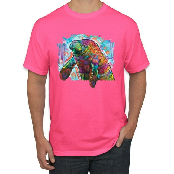 Wild Bobby Rainbow Painted Manatee Dean Russo Design Animal Lover Men Tee, Neon Pink, Medium