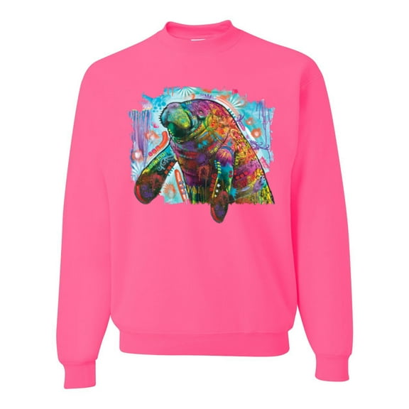 Wild Bobby Rainbow Painted Manatee Dean Russo Design Animal Lover Unisex Crewneck Sweatshirt, Neon Pink, 3X-Large