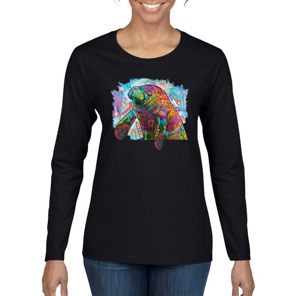 Wild Bobby Rainbow Painted Manatee Dean Russo Design Animal Lover Women Graphic Long Sleeve Tee, Black, Small