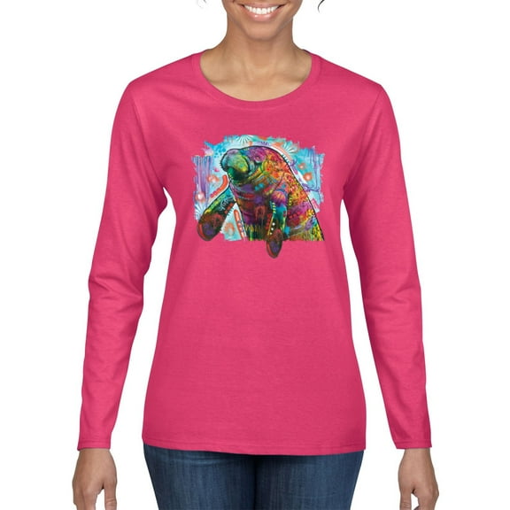 Wild Bobby Rainbow Painted Manatee Dean Russo Design Animal Lover Women Graphic Long Sleeve Tee, Fuschia, X-Large