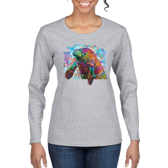 Wild Bobby Rainbow Painted Manatee Dean Russo Design Animal Lover Women Graphic Long Sleeve Tee, Heather Grey, X-Large