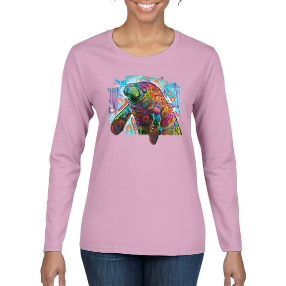 Wild Bobby Rainbow Painted Manatee Dean Russo Design Animal Lover Women Graphic Long Sleeve Tee, Light Pink, Small