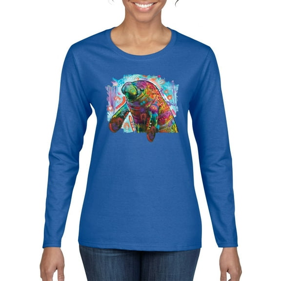 Wild Bobby Rainbow Painted Manatee Dean Russo Design Animal Lover Women Graphic Long Sleeve Tee, Royal, X-Large