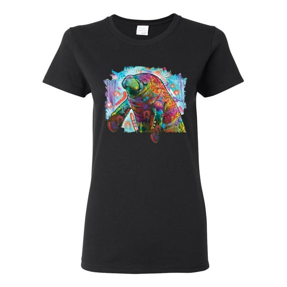 Wild Bobby Rainbow Painted Manatee Dean Russo Design Animal Lover Women Graphic Tee, Black, Small