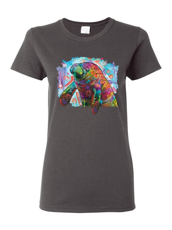 Rainbow Painted Manatee Dean Russo Design Animal Lover Women Graphic Tee, Charcoal, Large
