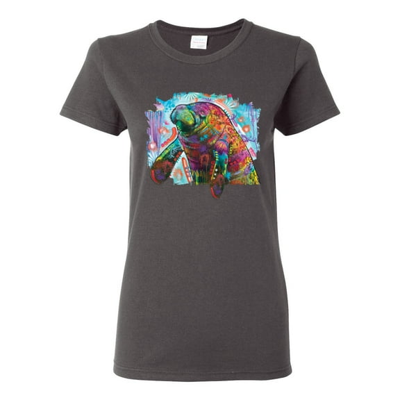 Wild Bobby Rainbow Painted Manatee Dean Russo Design Animal Lover Women Graphic Tee, Charcoal, X-Large
