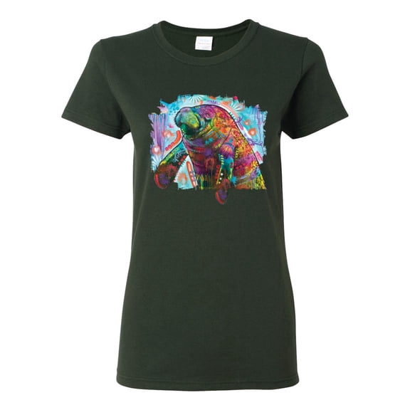 Wild Bobby Rainbow Painted Manatee Dean Russo Design Animal Lover Women Graphic Tee, Forest Green, Large