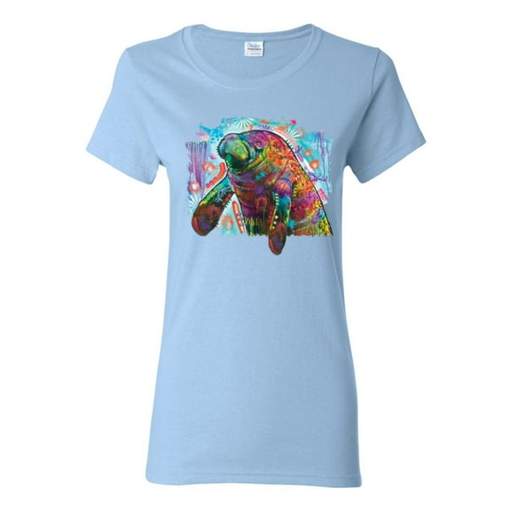 Wild Bobby Rainbow Painted Manatee Dean Russo Design Animal Lover Women Graphic Tee, Light Blue, X-Large