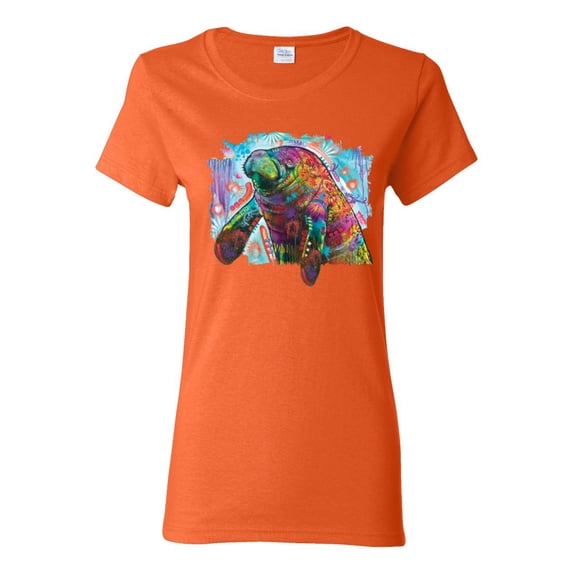Wild Bobby Rainbow Painted Manatee Dean Russo Design Animal Lover Women Graphic Tee, Orange, Medium