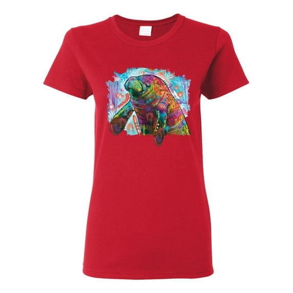 Wild Bobby Rainbow Painted Manatee Dean Russo Design Animal Lover Women Graphic Tee, Red, 3X-Large