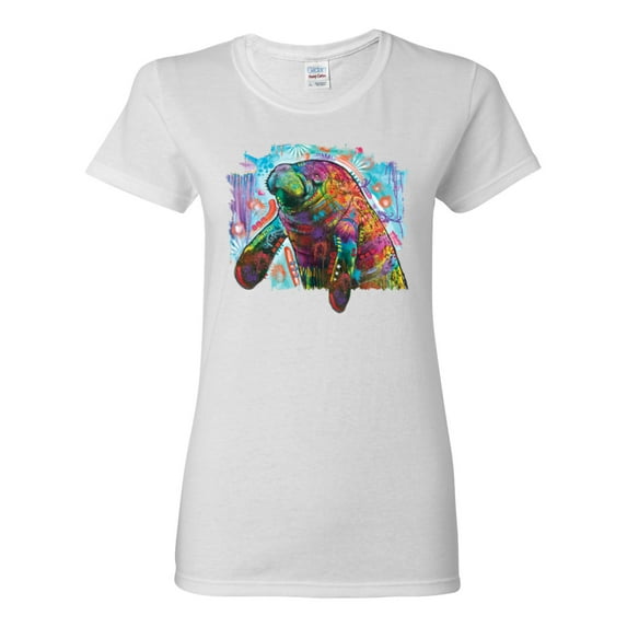 Wild Bobby Rainbow Painted Manatee Dean Russo Design Animal Lover Women Graphic Tee, White, Large