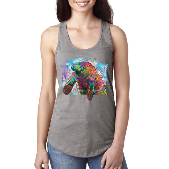 Wild Bobby Rainbow Painted Manatee Dean Russo Design Animal Lover Women Racerback Tank Top, Heather Grey, Medium