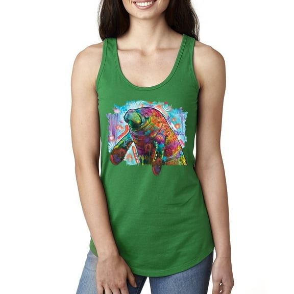 Wild Bobby Rainbow Painted Manatee Dean Russo Design Animal Lover Women Racerback Tank Top, Kelly, X-Large