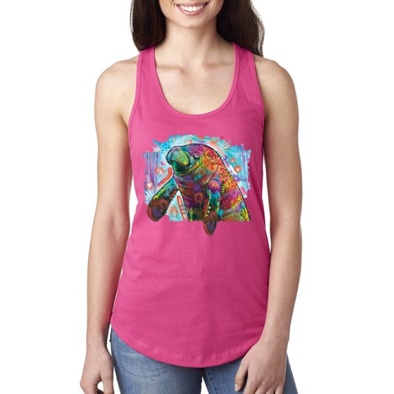 Wild Bobby Rainbow Painted Manatee Dean Russo Design Animal Lover Women Racerback Tank Top, Raspberry, X-Large