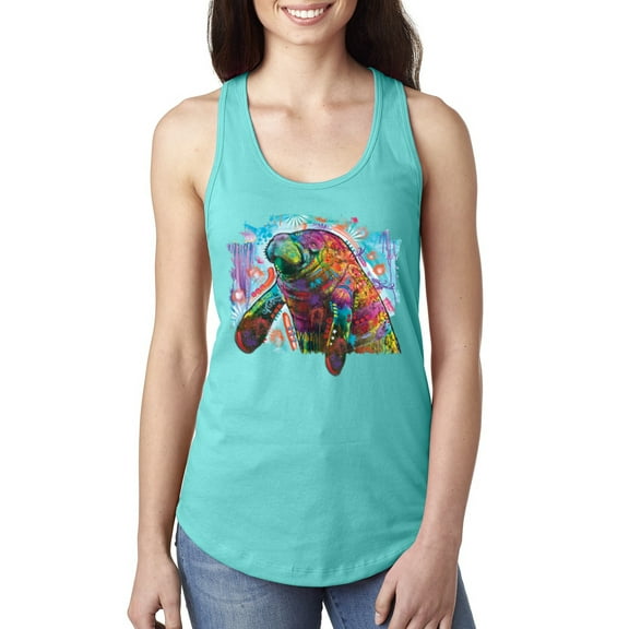Wild Bobby Rainbow Painted Manatee Dean Russo Design Animal Lover Women Racerback Tank Top, Tahiti Blue, Small