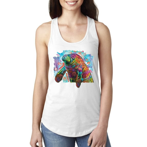 Wild Bobby Rainbow Painted Manatee Dean Russo Design Animal Lover Women Racerback Tank Top, White, Medium