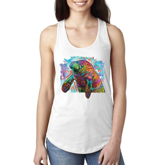 Wild Bobby Rainbow Painted Manatee Dean Russo Design Animal Lover Women Racerback Tank Top, White, Small