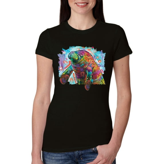 Wild Bobby Rainbow Painted Manatee Dean Russo Design Animal Lover Women Slim Fit Junior Tee, Black, Small