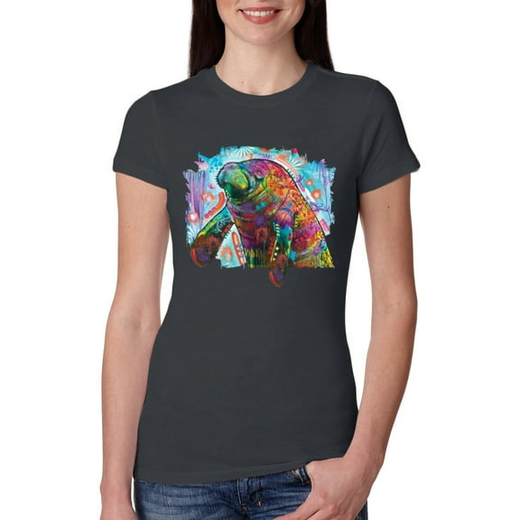Wild Bobby Rainbow Painted Manatee Dean Russo Design Animal Lover Women Slim Fit Junior Tee, Dark Grey, XX-Large